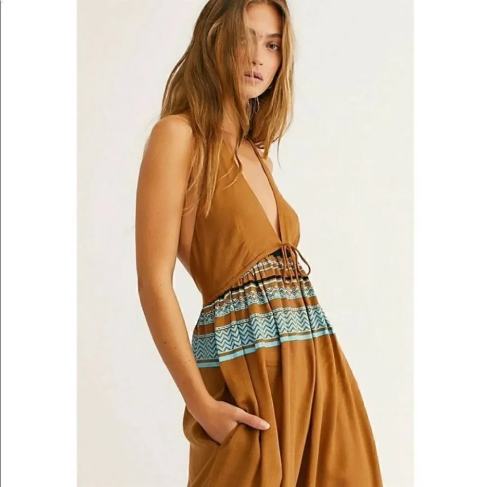NEW FREE PEOPLE PALM BEACH HALTER PRINTED WIDE LEG ONE PIECE JUMPSUIT